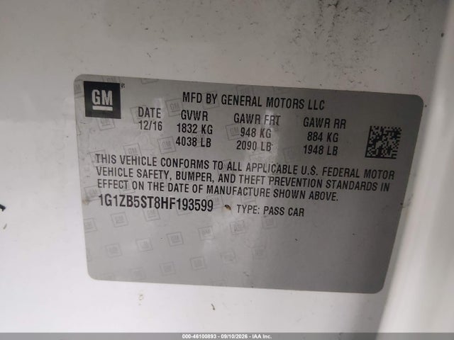 2017 Chevrolet Malibu Ls მანქანა იყიდება აუქციონზე, vin: 1G1ZB5ST8HF193599, აუქციონის ნომერი: 46100893