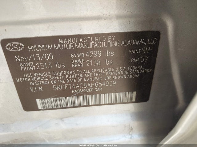 Продаж на аукціоні авто 2010 Hyundai Sonata Gls, vin: 5NPET4AC8AH654939, номер лоту: 46100892