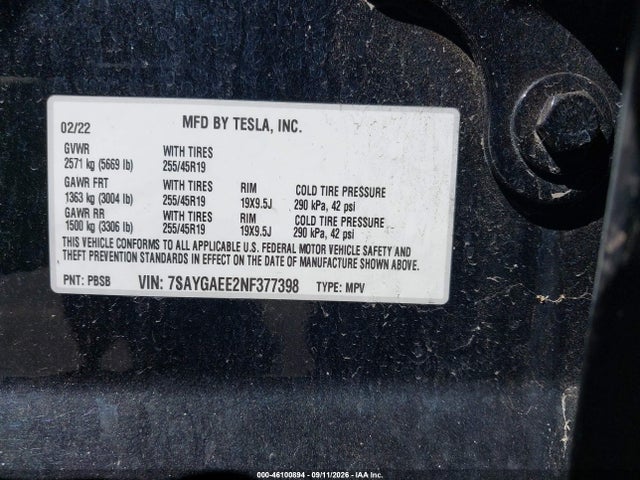 Aukcja sprzedaży 2022 Tesla Model Y Long Range Dual Motor All-wheel Drive, vin: 7SAYGAEE2NF377398, numer aukcji: 46100894