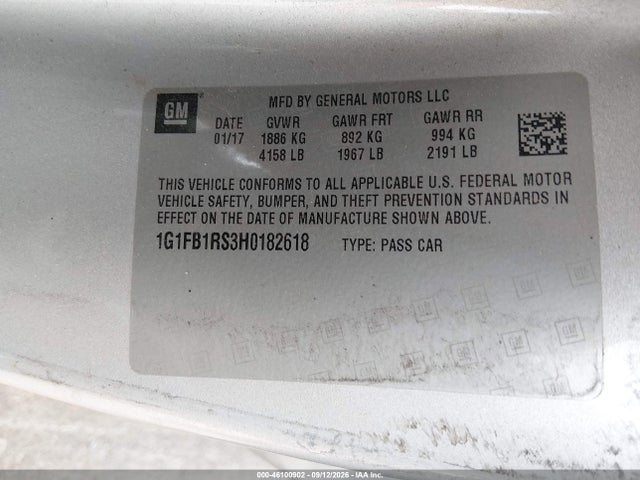 46100902 :رقم المزاد ، 1G1FB1RS3H0182618 vin ، 2017 Chevrolet Camaro 1lt مزاد بيع