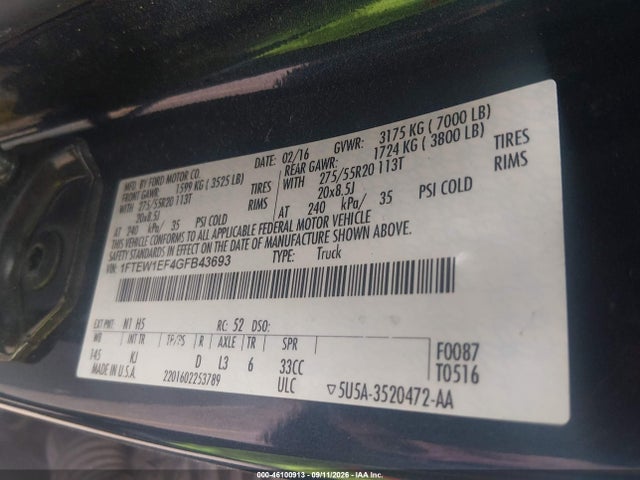 46100913 :رقم المزاد ، 1FTEW1EF4GFB43693 vin ، 2016 Ford F-150 King Ranch مزاد بيع