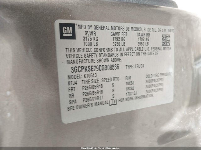 Продаж на аукціоні авто 2012 Chevrolet Silverado 1500 Lt, vin: 3GCPKSE79CG308536, номер лоту: 46100914