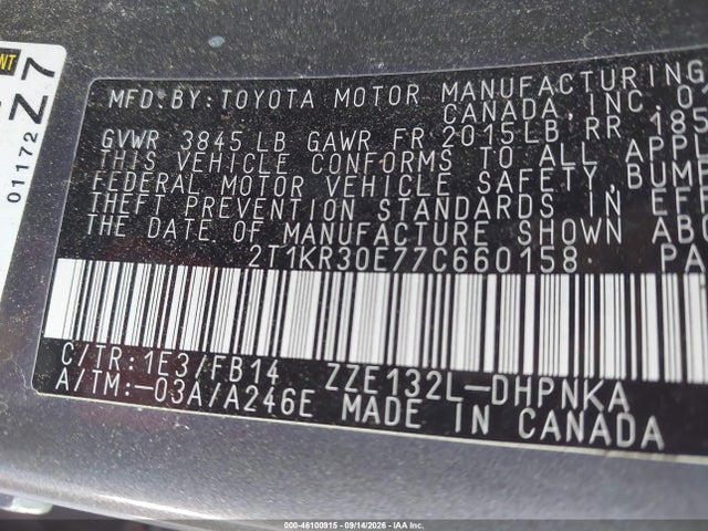 2007 Toyota Matrix Xr მანქანა იყიდება აუქციონზე, vin: 2T1KR30E77C660158, აუქციონის ნომერი: 46100915