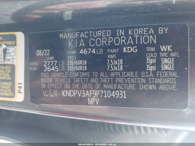 2023 Kia Sportage Ex მანქანა იყიდება აუქციონზე, vin: KNDPV3AF9P7104931, აუქციონის ნომერი: 46100916