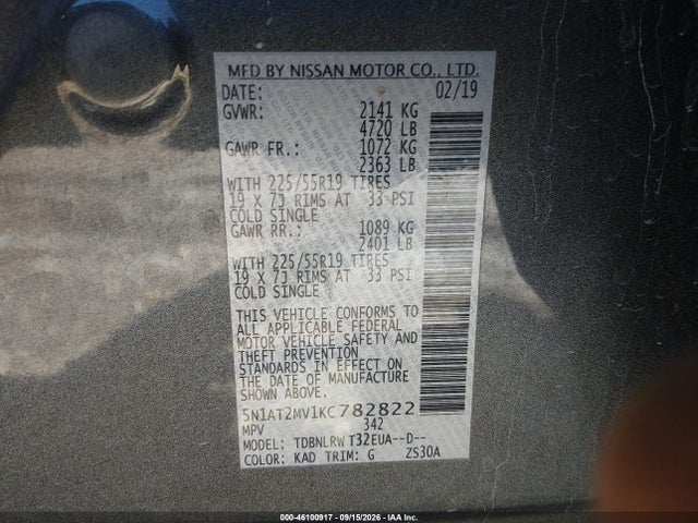 2019 Nissan Rogue Sl მანქანა იყიდება აუქციონზე, vin: 5N1AT2MV1KC782822, აუქციონის ნომერი: 46100917
