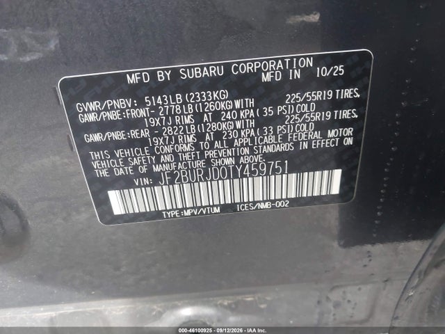 Продажа на аукционе авто 2026 Subaru Outback Touring Xt, vin: JF2BURJD0TY459751, номер лота: 46100925