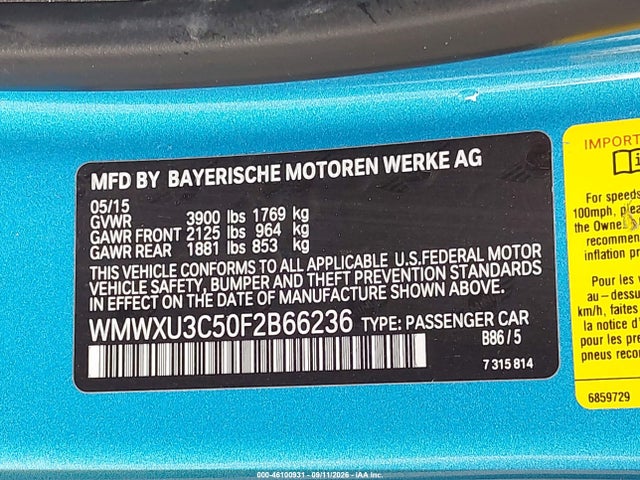 Продаж на аукціоні авто 2015 Mini Hardtop Cooper S, vin: WMWXU3C50F2B66236, номер лоту: 46100931