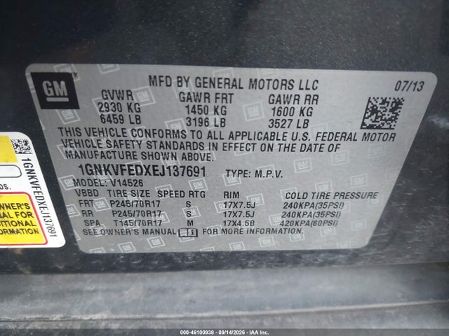 46100938 :رقم المزاد ، 1GNKVFEDXEJ137691 vin ، 2014 Chevrolet Traverse Ls مزاد بيع