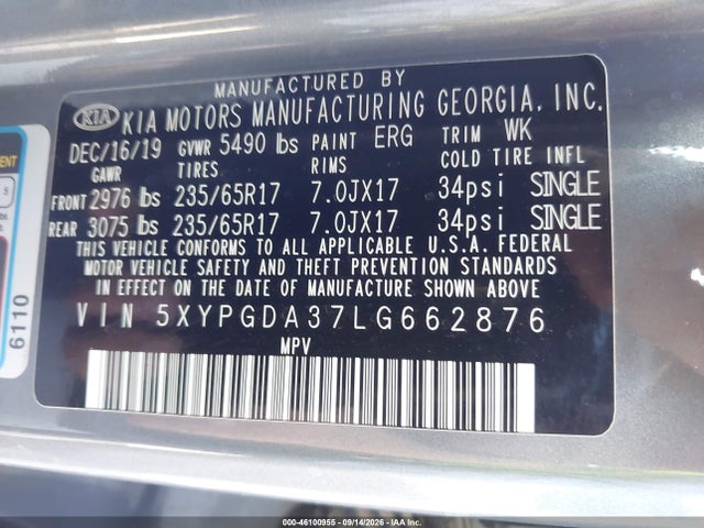 46100955 :رقم المزاد ، 5XYPGDA37LG662876 vin ، 2020 Kia Sorento 2.4l Lx مزاد بيع