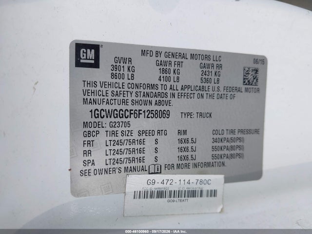 2015 Chevrolet Express 2500 Work Van მანქანა იყიდება აუქციონზე, vin: 1GCWGGCF6F1258069, აუქციონის ნომერი: 46100960