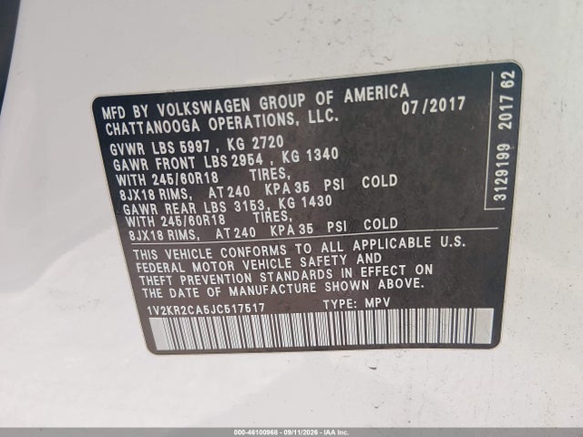 Aukcja sprzedaży 2018 Volkswagen Atlas 3.6l V6 Se, vin: 1V2KR2CA5JC517517, numer aukcji: 46100968