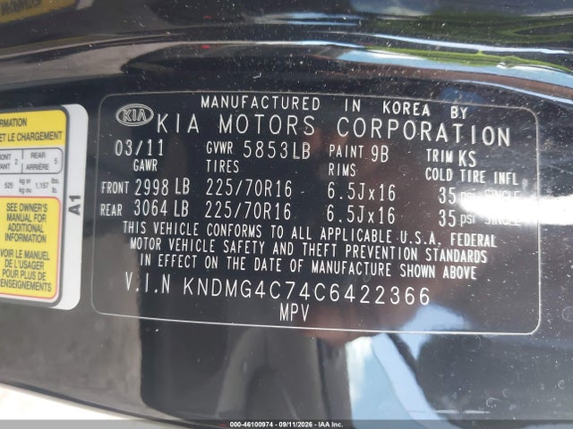 Aukcja sprzedaży 2012 Kia Sedona Lx, vin: KNDMG4C74C6422366, numer aukcji: 46100974