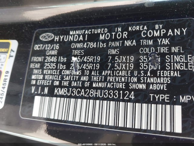 Продаж на аукціоні авто 2017 Hyundai Tucson Limited, vin: KM8J3CA28HU333124, номер лоту: 46100995