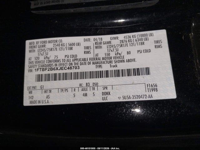 46101005 :رقم المزاد ، 1FTBF2B6XJEC48703 vin ، 2018 Ford F-250 Xl مزاد بيع