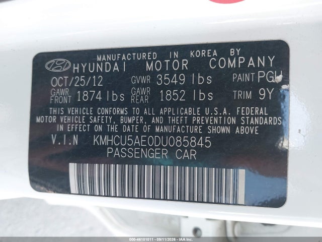 46101011 :رقم المزاد ، KMHCU5AE0DU085845 vin ، 2013 Hyundai Accent Se مزاد بيع