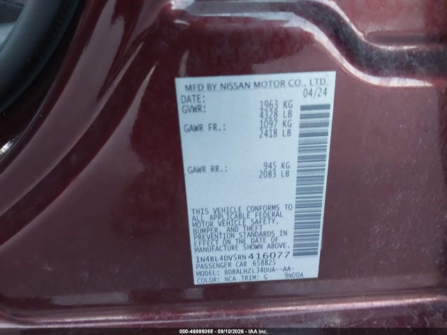 Продажа на аукционе авто 2024 Nissan Altima Sv Fwd, vin: 1N4BL4DV5RN416077, номер лота: 46101017
