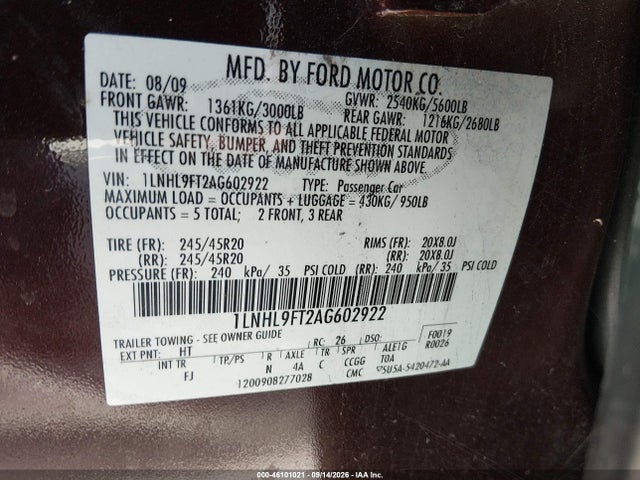 46101021 :رقم المزاد ، 1LNHL9FT2AG602922 vin ، 2010 Lincoln Mks Ecoboost مزاد بيع