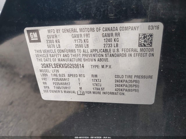 Продажа на аукционе авто 2016 Gmc Terrain Sle, vin: 2GKFLSEKXG6293614, номер лота: 46101024