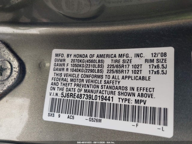 Продаж на аукціоні авто 2009 Honda Cr-v Ex-l, vin: 5J6RE48739L019441, номер лоту: 46101033