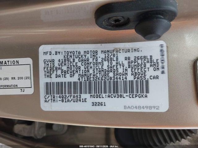 Продаж на аукціоні авто 2002 Toyota Camry Xle, vin: 4T1BE32K62U034414, номер лоту: 46101043