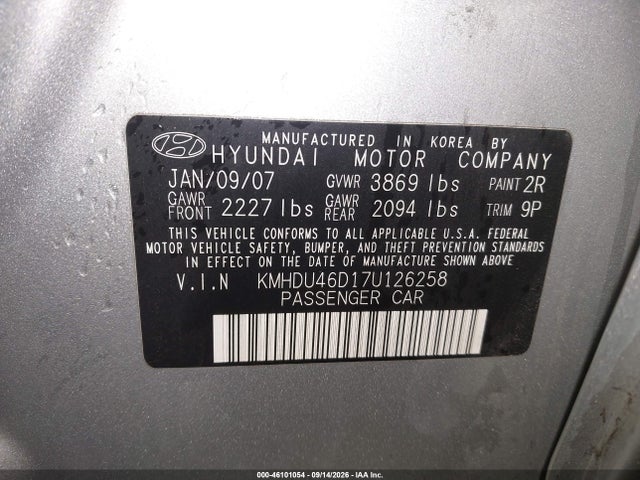 Aukcja sprzedaży 2007 Hyundai Elantra Gls/limited/se, vin: KMHDU46D17U126258, numer aukcji: 46101054