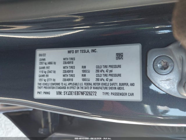 5YJ3E1EB7NF326272 Tesla Model 3 Long Range Dual Motor All-wheel Drive