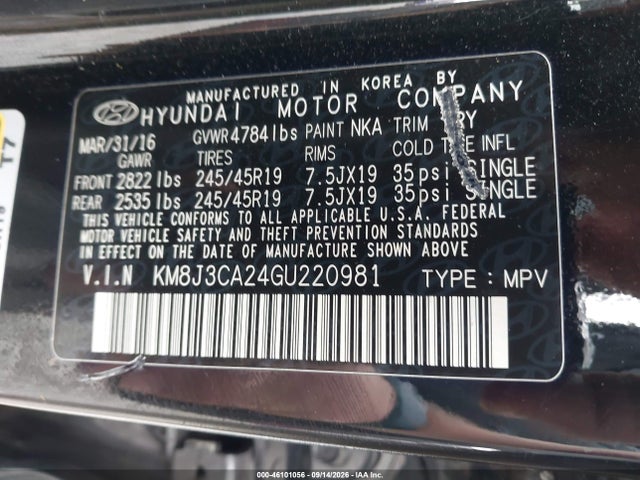 2016 Hyundai Tucson Limited მანქანა იყიდება აუქციონზე, vin: KM8J3CA24GU220981, აუქციონის ნომერი: 46101056