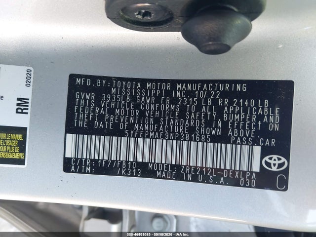 Продажа на аукционе авто 2022 Toyota Corolla Le, vin: 5YFEPMAE9NP381685, номер лота: 46101081