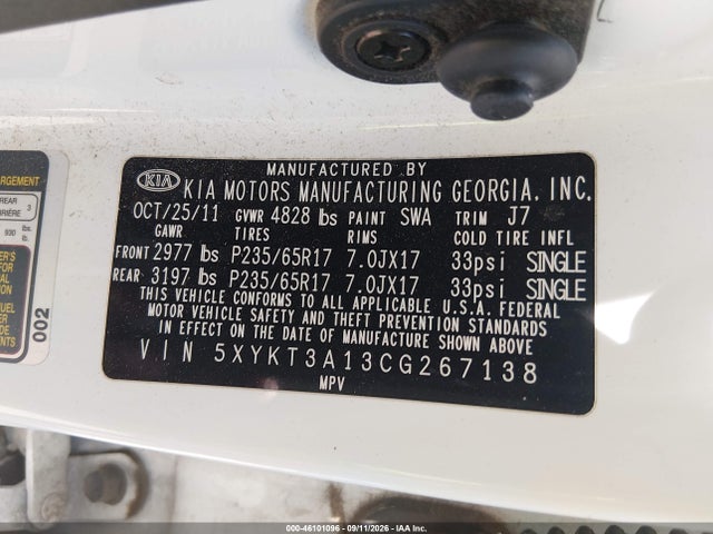 2012 Kia Sorento Lx მანქანა იყიდება აუქციონზე, vin: 5XYKT3A13CG267138, აუქციონის ნომერი: 46101096