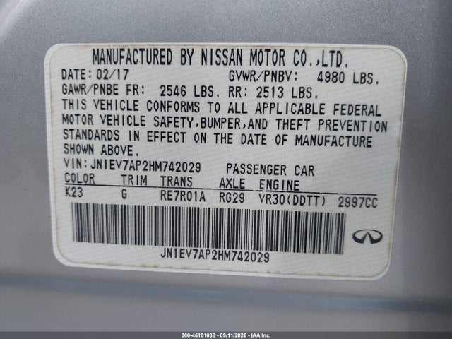 Aukcja sprzedaży 2017 Infiniti Q50 3.0t Premium, vin: JN1EV7AP2HM742029, numer aukcji: 46101098