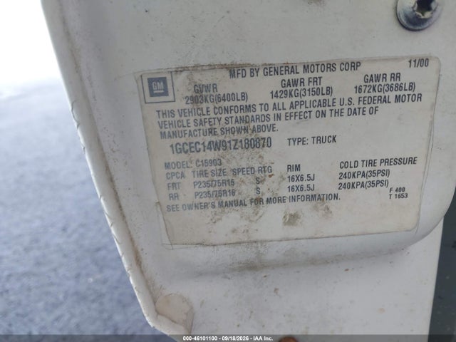 46101100 :رقم المزاد ، 1GCEC14W91Z180870 vin ، 2001 Chevrolet Silverado 1500 مزاد بيع