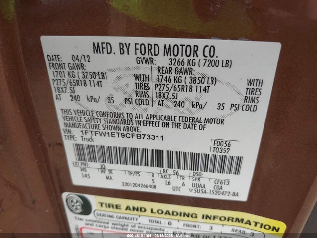 Aukcja sprzedaży 2012 Ford F-150 Xlt, vin: 1FTFW1ET9CFB73311, numer aukcji: 46101104