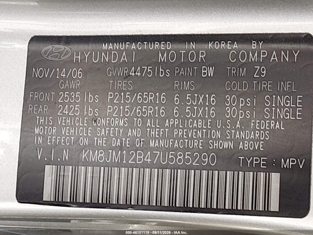 46101118 :رقم المزاد ، KM8JM12B47U585290 vin ، 2007 Hyundai Tucson Gls مزاد بيع