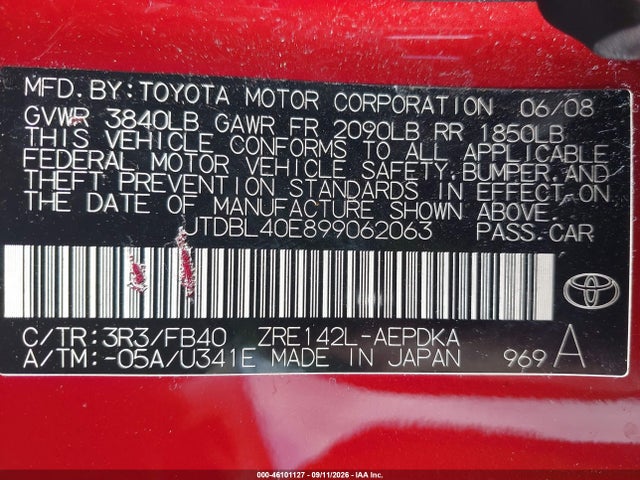 Aukcja sprzedaży 2009 Toyota Corolla Le, vin: JTDBL40E899062063, numer aukcji: 46101127