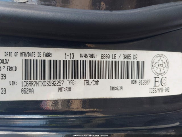 Продажа на аукционе авто 2013 Ram 1500 Laramie, vin: 1C6RR7NTXDS592257, номер лота: 46101164