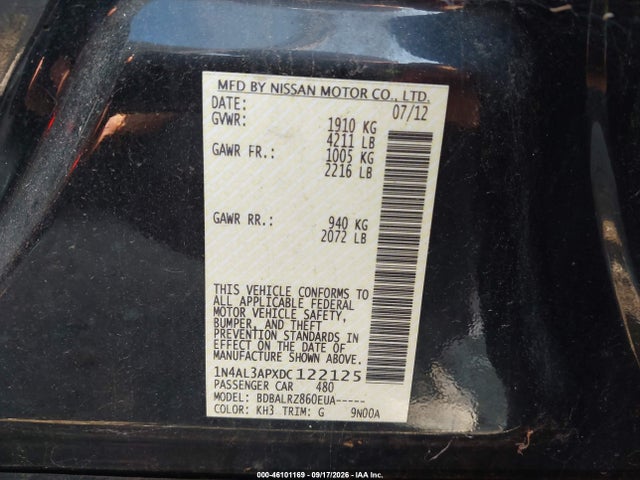 2013 Nissan Altima 2.5 S მანქანა იყიდება აუქციონზე, vin: 1N4AL3APXDC122125, აუქციონის ნომერი: 46101169
