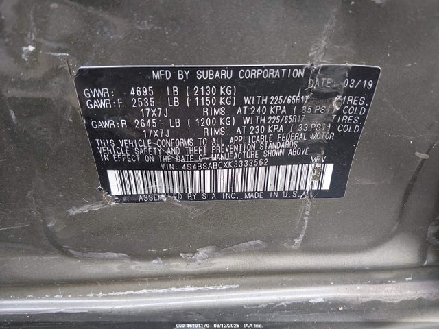 Продажа на аукционе авто 2019 Subaru Outback 2.5i, vin: 4S4BSABCXK3333562, номер лота: 46101170