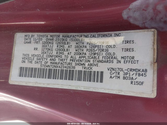 46101184 :رقم المزاد ، 5TEWN72NX4Z342638 vin ، 2004 Toyota Tacoma Base V6 مزاد بيع