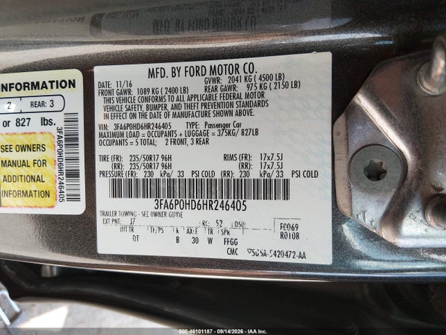 Ford FUSION SE 2017 3FA6P0HD6HR246405 Image 9