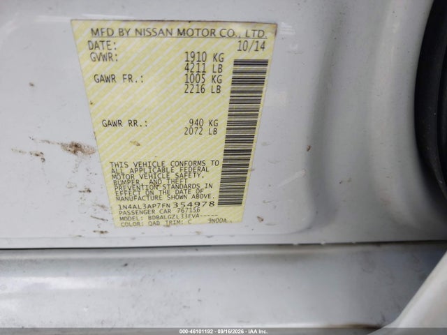 46101192 :رقم المزاد ، 1N4AL3AP7FN354978 vin ، 2015 Nissan Altima 2.5 S مزاد بيع