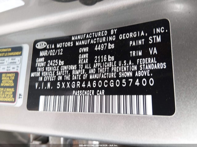 2012 Kia Optima Sx მანქანა იყიდება აუქციონზე, vin: 5XXGR4A60CG057400, აუქციონის ნომერი: 46101196