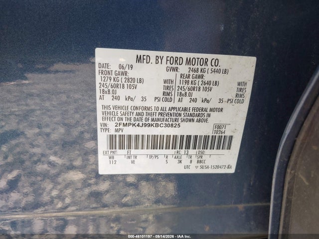 46101197 :رقم المزاد ، 2FMPK4J99KBC30825 vin ، 2019 Ford Edge Sel مزاد بيع