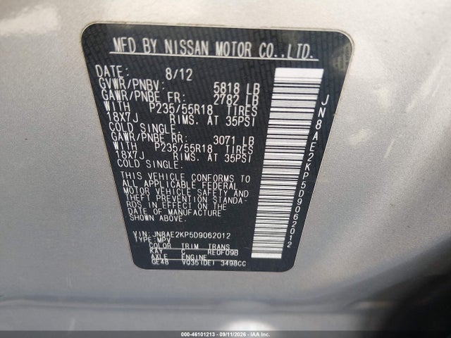 Продажа на аукционе авто 2013 Nissan Quest Le, vin: JN8AE2KP5D9062012, номер лота: 46101213