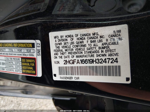 Продаж на аукціоні авто 2009 Honda Civic Lx-s, vin: 2HGFA16619H324724, номер лоту: 46101226