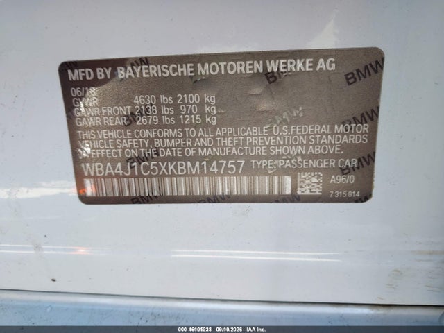 46101233 :رقم المزاد ، WBA4J1C5XKBM14757 vin ، 2019 Bmw 430i Gran Coupe مزاد بيع