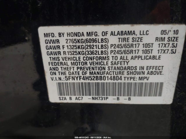 2011 Honda Pilot Ex-l მანქანა იყიდება აუქციონზე, vin: 5FNYF4H52BB014804, აუქციონის ნომერი: 46101243