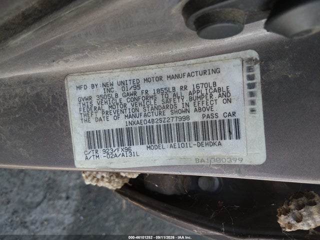 Aukcja sprzedaży 1995 Toyota Corolla, vin: 1NXAE04B2SZ277998, numer aukcji: 46101252