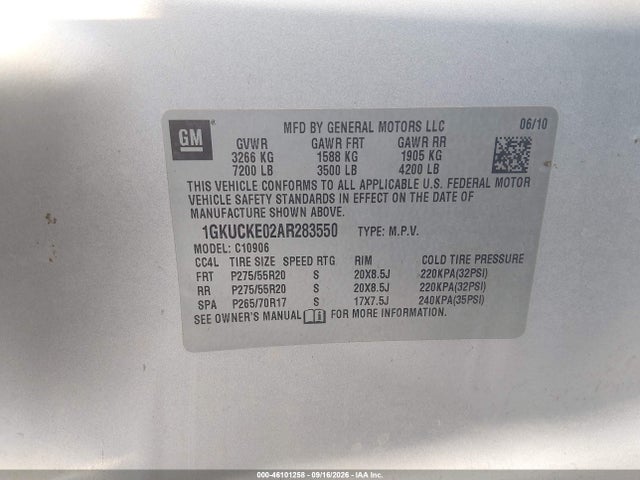 46101258 :رقم المزاد ، 1GKUCKE02AR283550 vin ، 2010 Gmc Yukon Xl 1500 Slt مزاد بيع