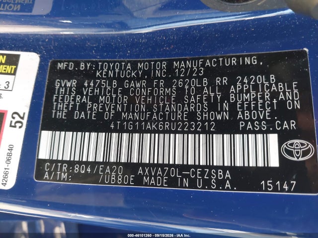 46101260 :رقم المزاد ، 4T1G11AK6RU223212 vin ، 2024 Toyota Camry Se مزاد بيع