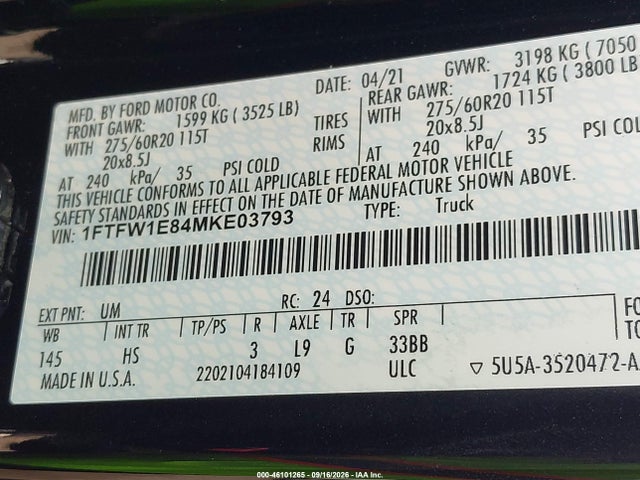 46101265 :رقم المزاد ، 1FTFW1E84MKE03793 vin ، 2021 Ford F-150 Lariat مزاد بيع